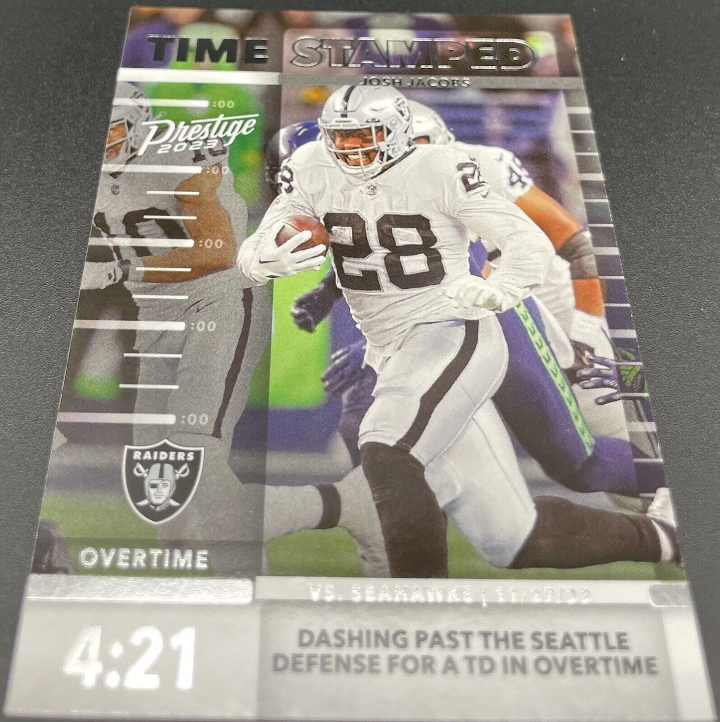 2023 Panini Prestige Josh Jacobs #TS-9 Time Stamped 4:21 Xtra Points 🔥