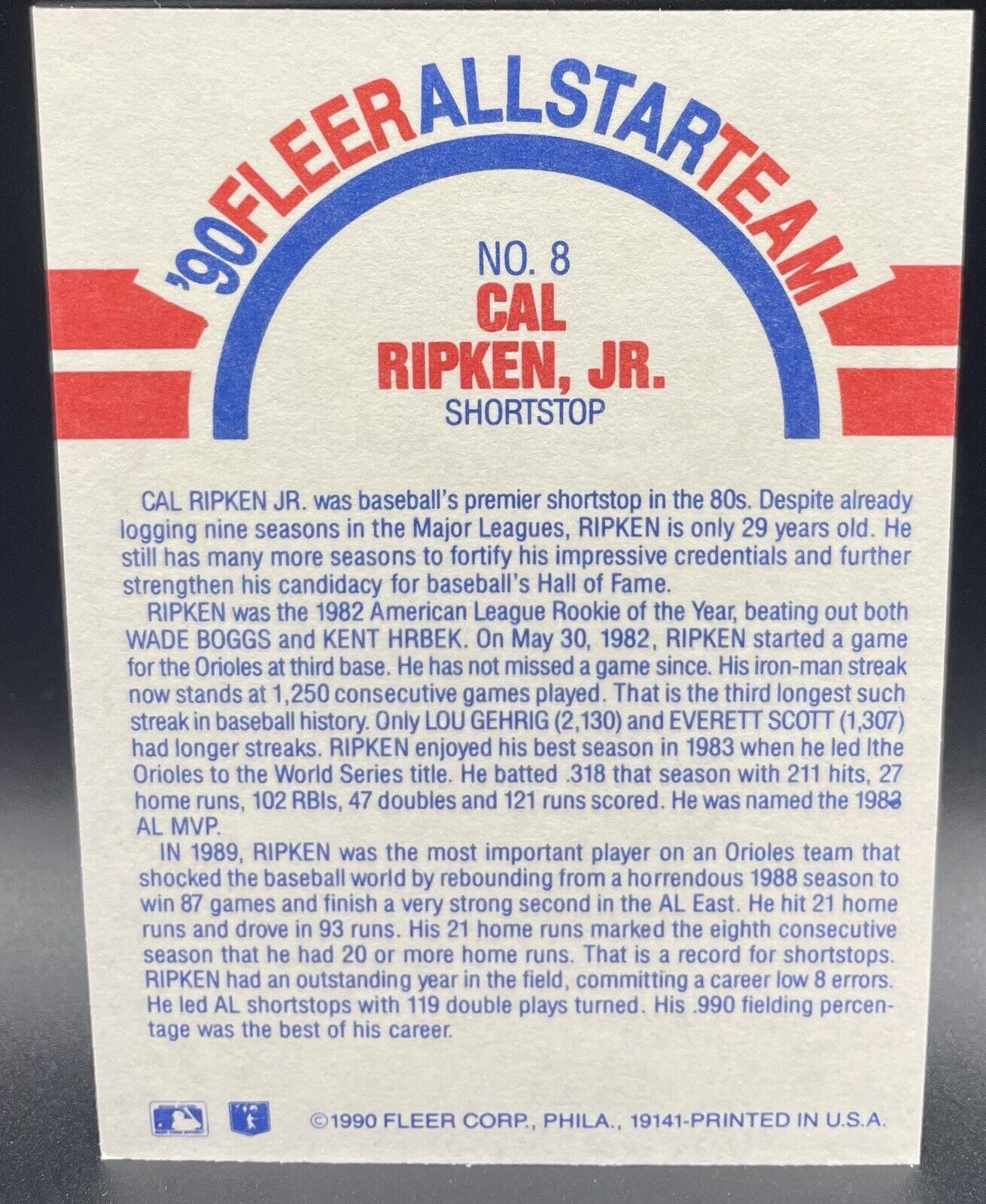 1990 Fleer Cal Ripken Jr. # 8 All-Star Team Baltimore Oilers 🔥🔥⚾️