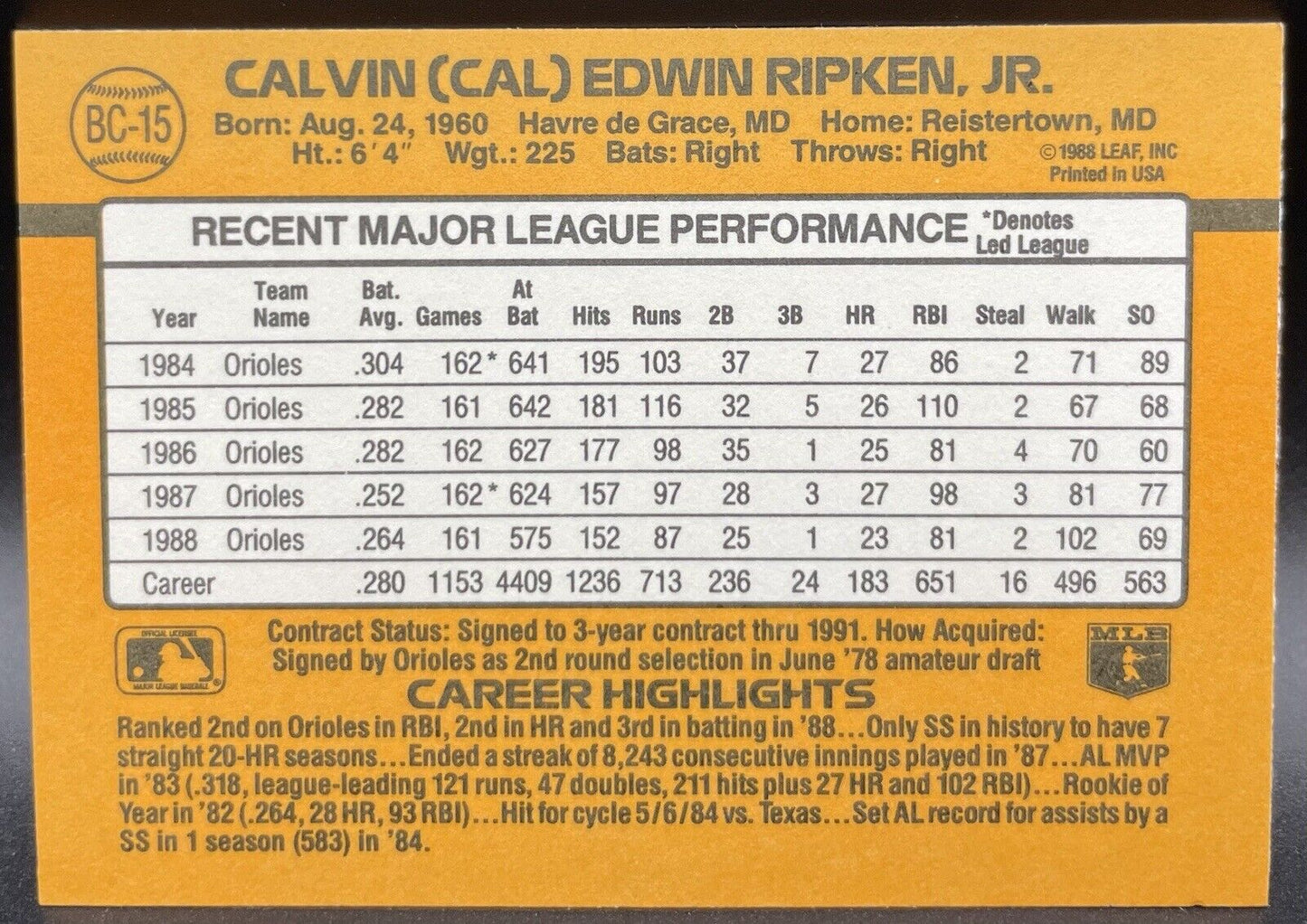 Cal Ripken Jr 1988 Donruss MVP Baltimore Orioles 