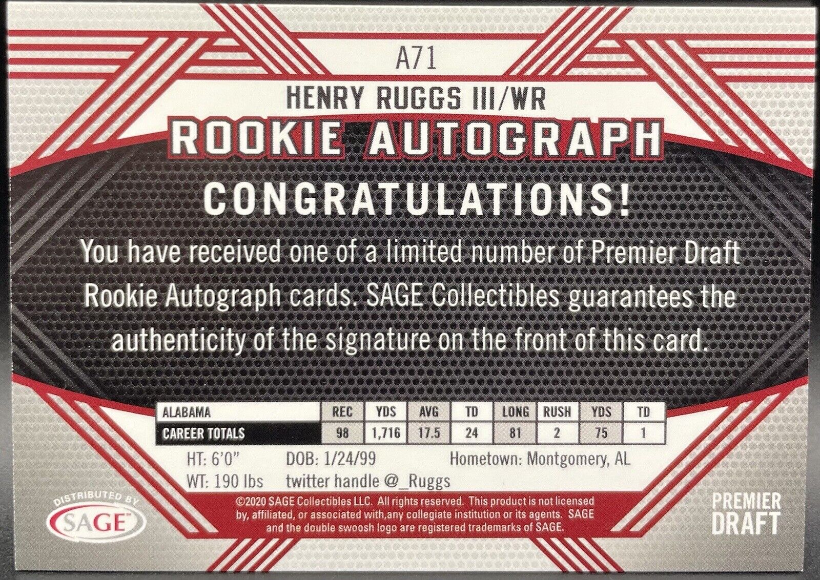 Henry Ruggs III 2020 SAGE HIT Autograph Rookie #A71 Las Vegas Raiders Alabama RC