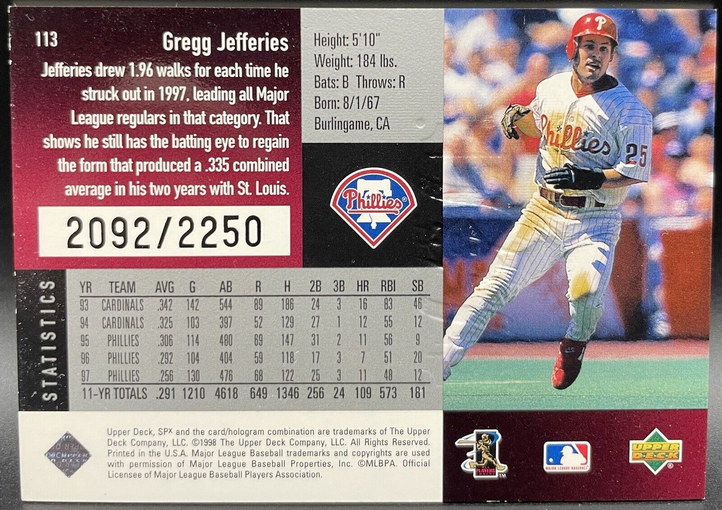 Gregg Jeffries 1998 Upper Deck #113 SPX RC Philadelphia Phillies /2250