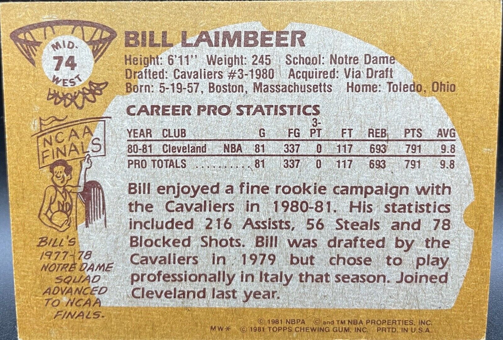 1981 Topps Mid West #74 Bill Laimbeer RC Cleveland Cavaliers 🔥🔥￼