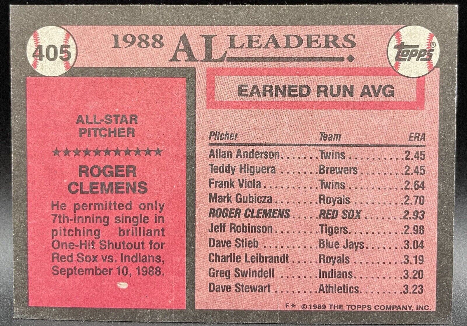 Roger Clemens  1989 Topps All-Star #405 Boston Red Sox 