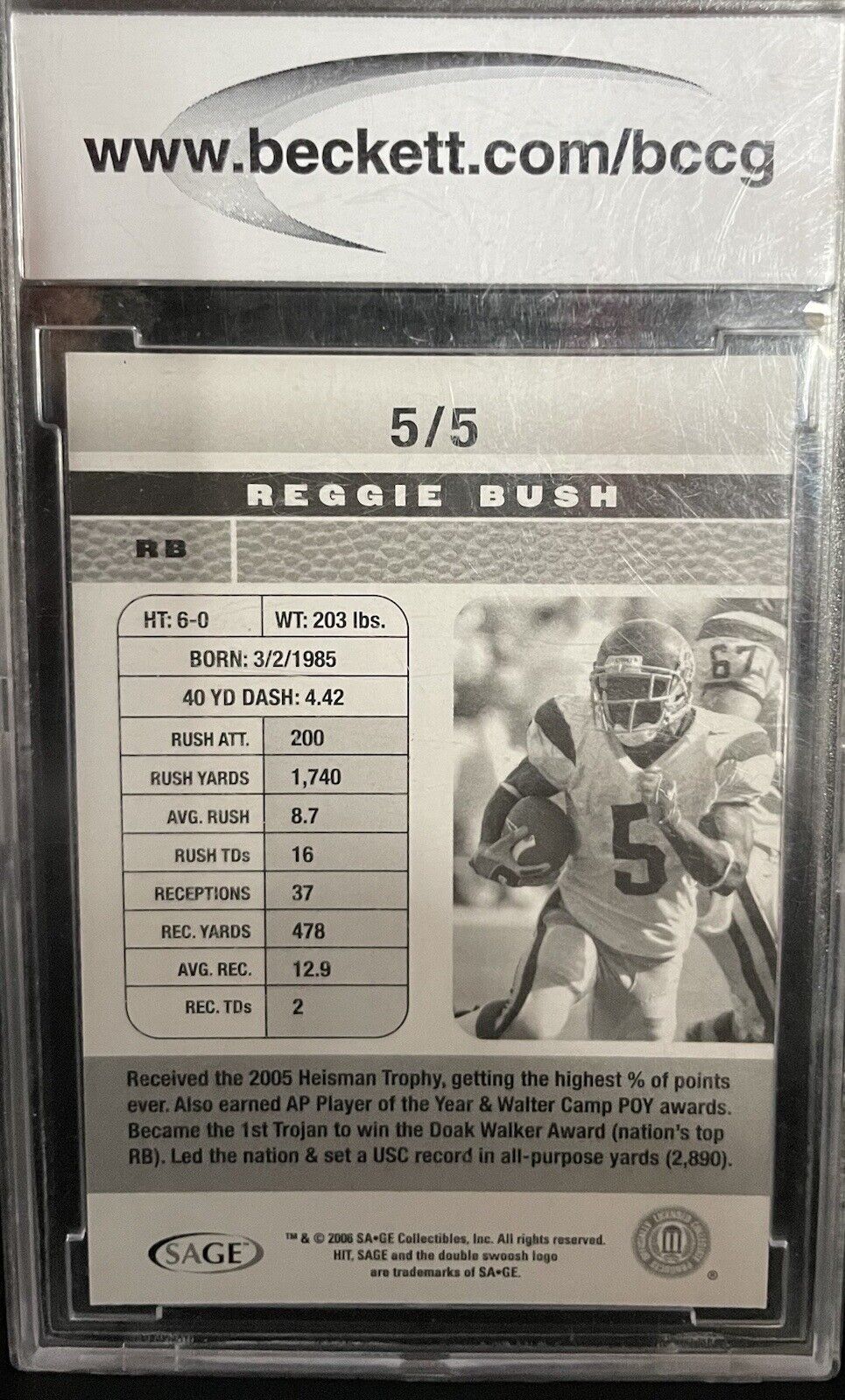 Reggie Bush 2006 Sage Collectibles #5/5 RC Heisman Trophy Winner New Orleans...