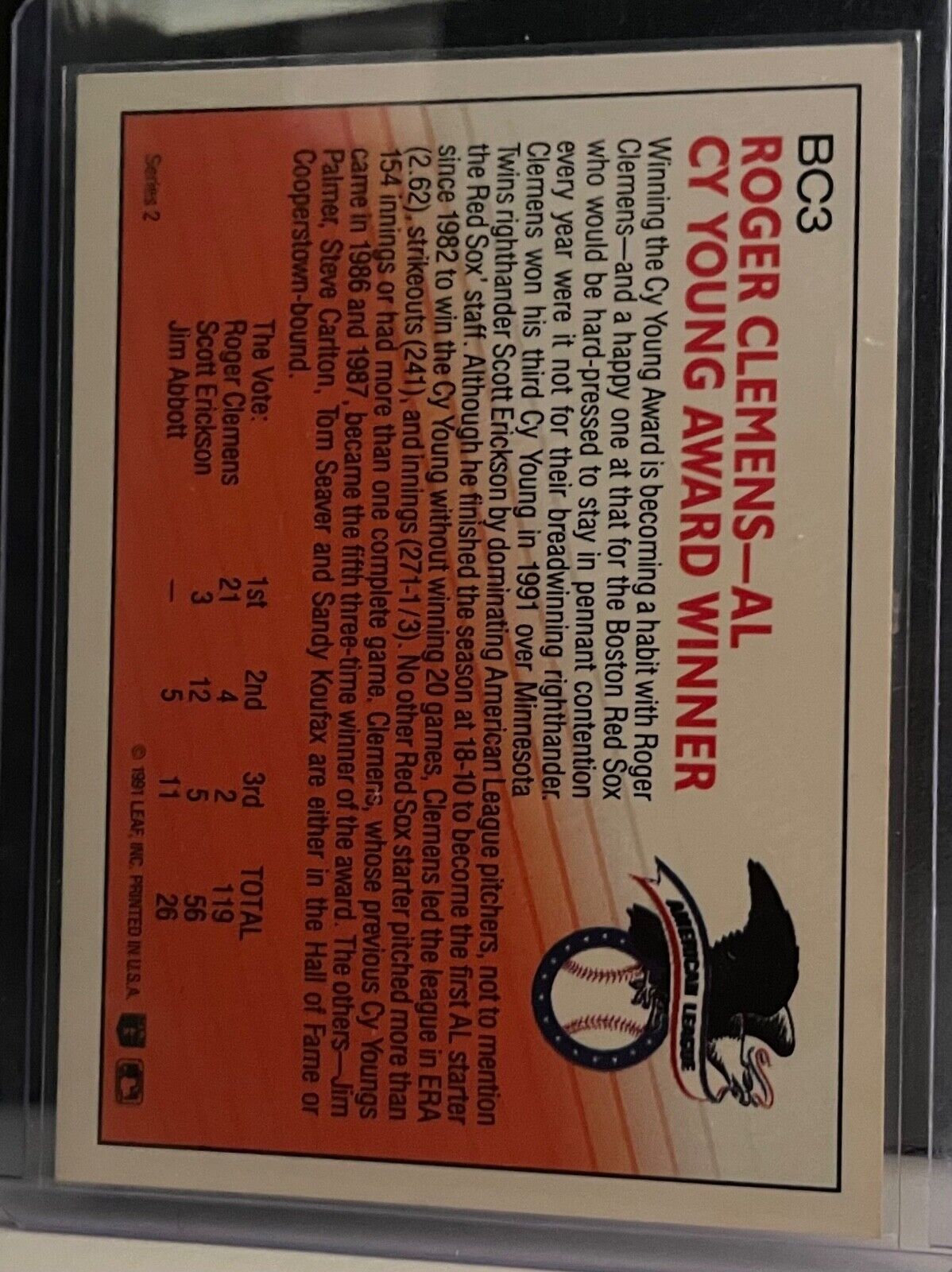 1992 Donruss Roger Clemens #BC3 Boston Red Sox-AL Cy Young Award Winner 1991. ⚽️