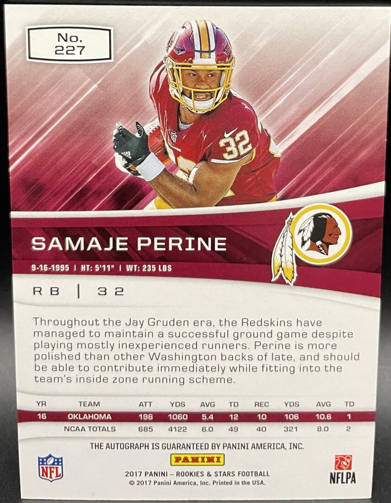 Samaje Perine 2017 Panini Rookies In Stars #227 RC, Auto, /10 Washington Redskin