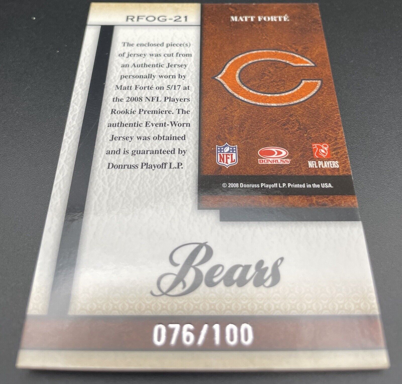 Matt Forte 2008 Donruss Certified #RFOG-21 Patch / Rookie    /100  Chicago Bears