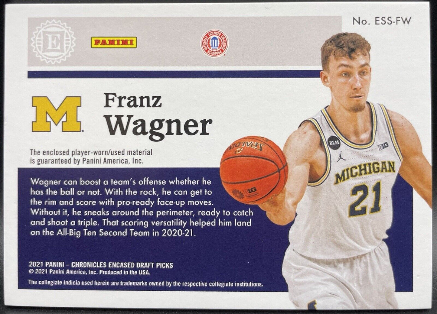 Franz Wagner 2021 Panini Chronicles Draft Picks #ESS-FW (RC) Patch Wolverines