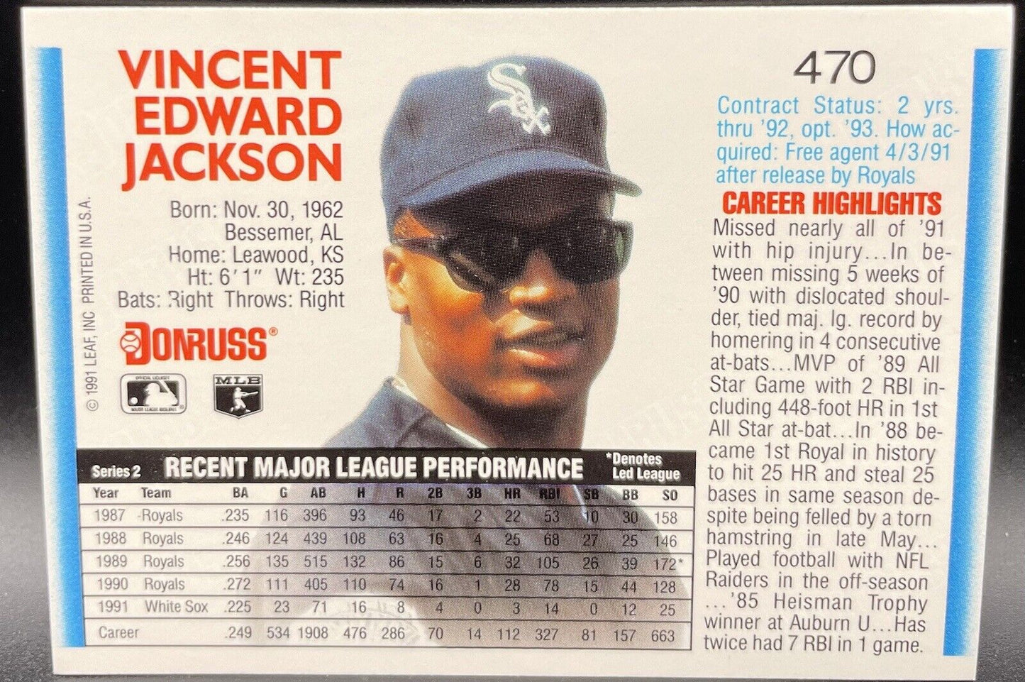 Bo Jackson 1991 Leaf Donruss #470 Chicago White Sox 