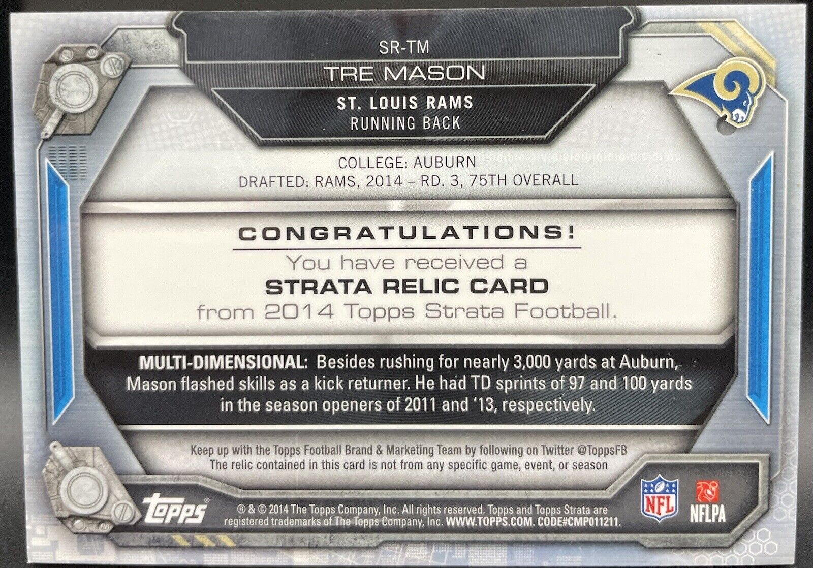 Tre Mason 2014 Topps #SR-TM Strata Patch,  13/75 Los Angeles Rams