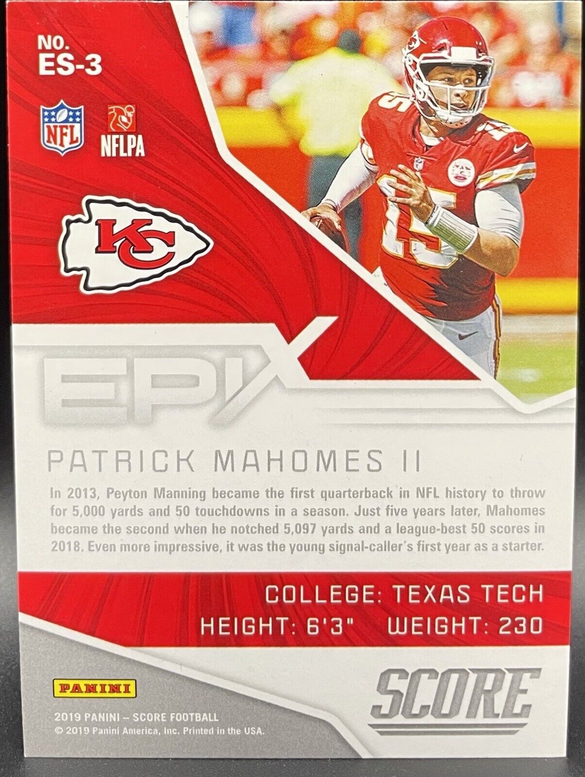 Patrick Mahomes II 2019 Panini Score Epic #ES-3 On Card Autograph Chiefs