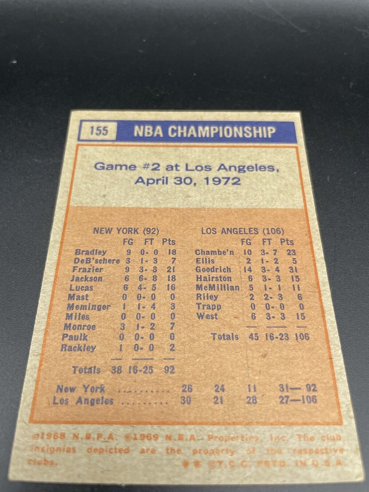 Jerry West NBA championship 1972 Topps #155 Los Angeles Lakers