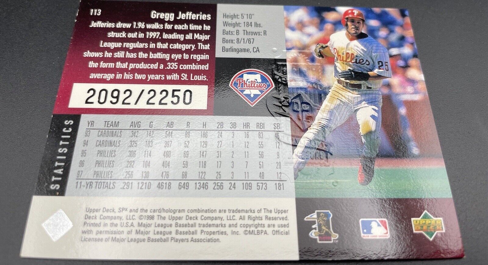 Gregg Jeffries 1998 Upper Deck #113 SPX RC Philadelphia Phillies /2250