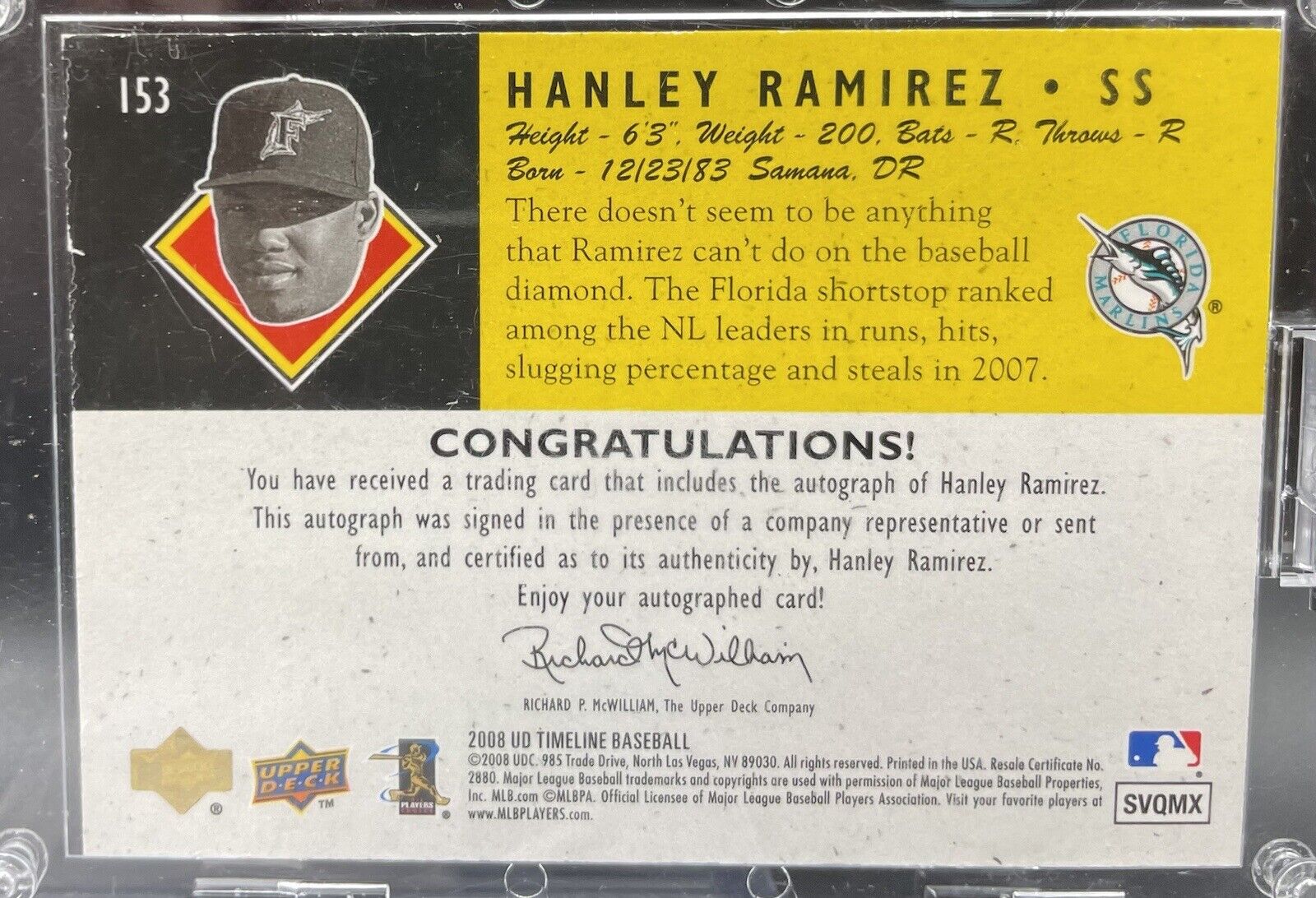 Hanley Ramirez 2008 Upper Deck Timeline #153 Auto, 14/25 Seattle Marlins￼