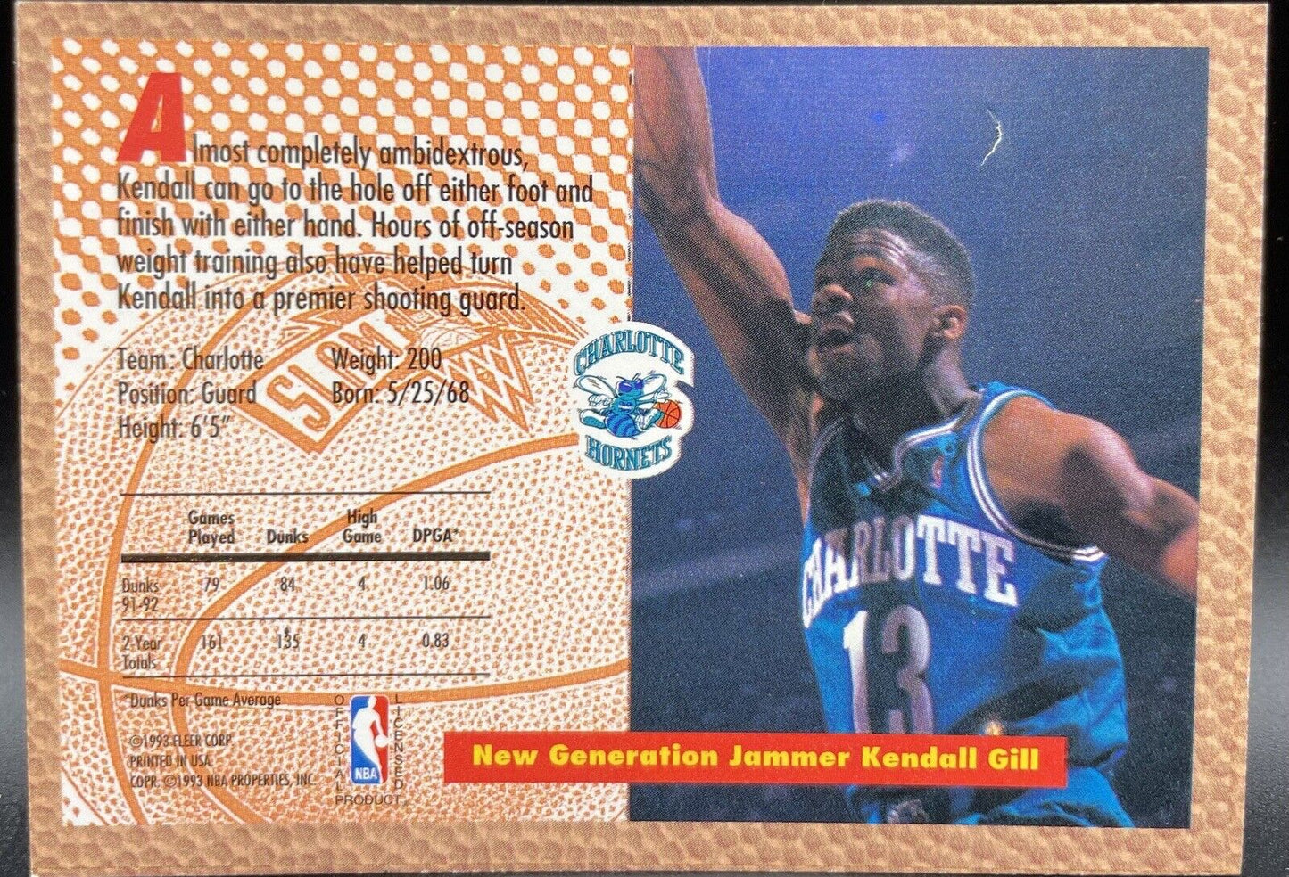 1993 Fleer Slam Dunk Kendall Gill #297 Charlotte Hornets ￼