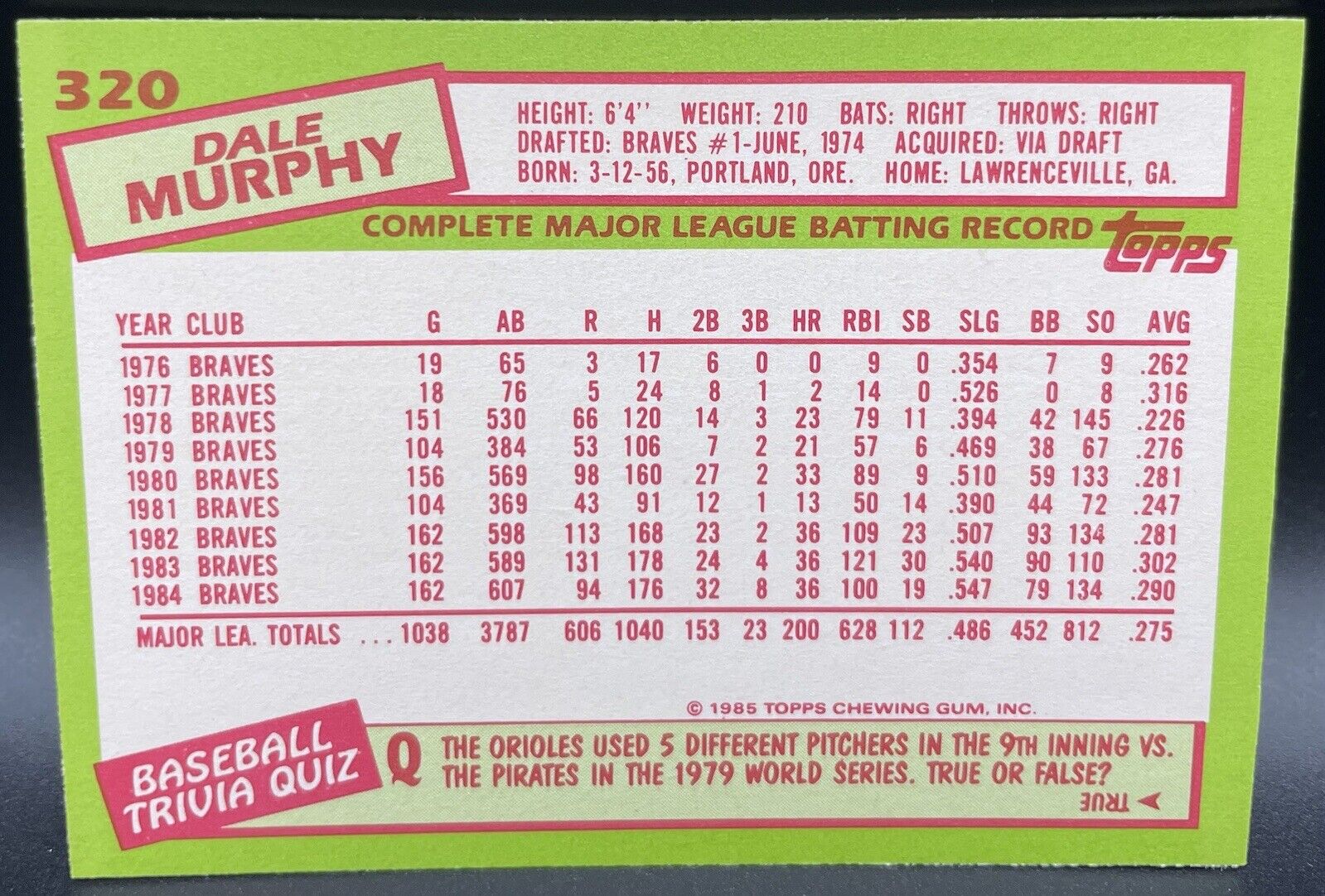 Dale Murphy 1985 Topps Tiffany #320 Atlanta Braves