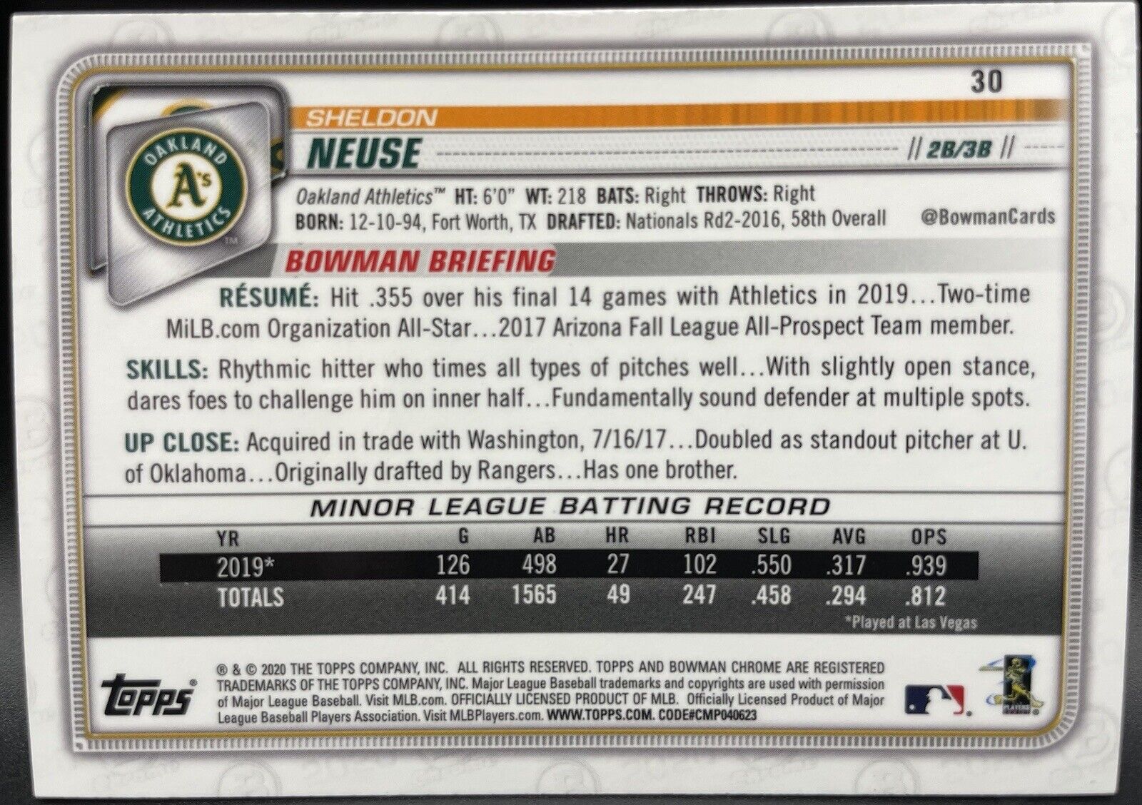 Sheldon Neuse 2020 Bowman Chrome RC #30 Oakland Athletics