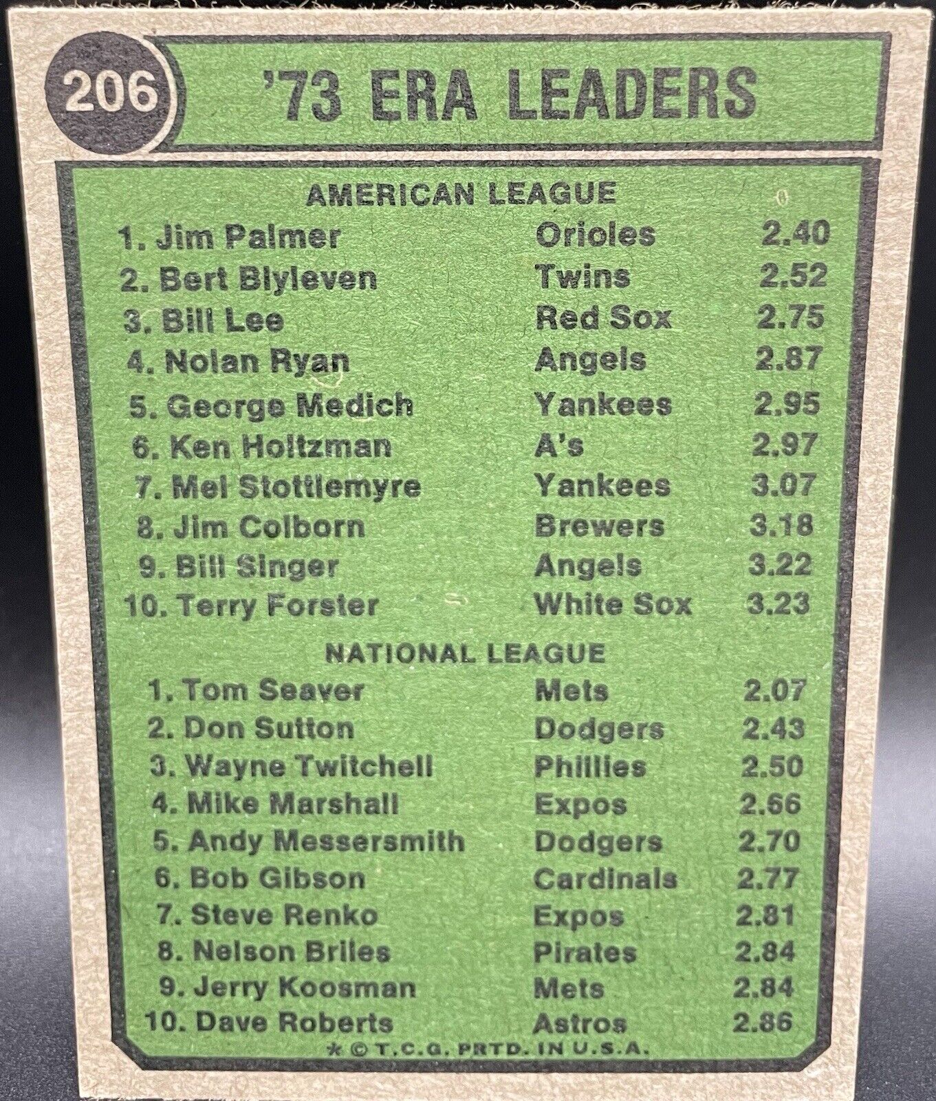 Jim Palmer & Tom Seaver 1974 Topps #206 ￼ Earned Run Average Leaders ￼