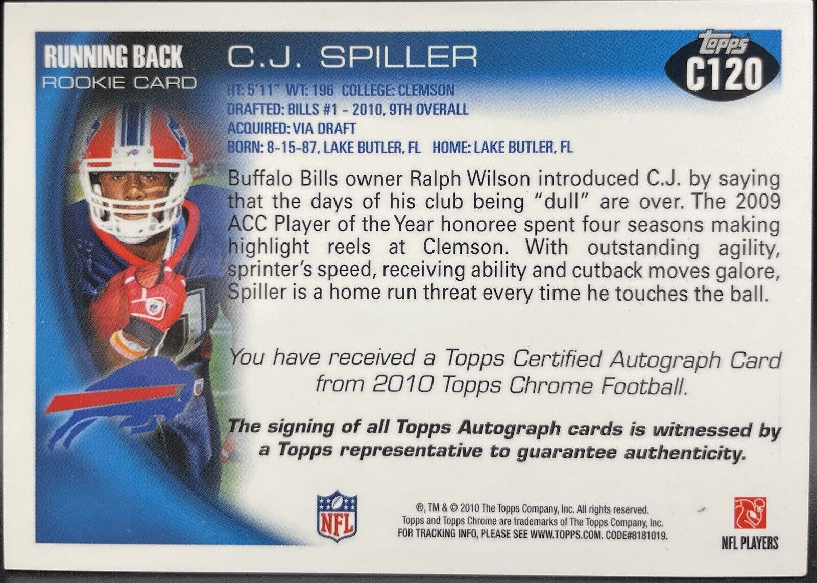 C J Spiller 2010 Topps Chrome #120 (RC) Autograph Buffalo Bills