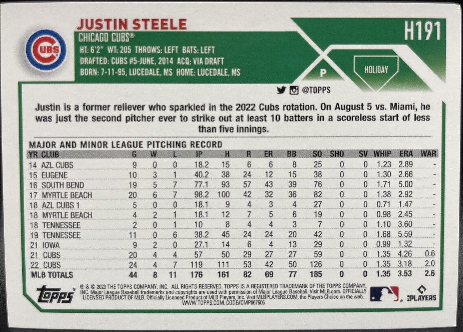 2023 Topps Holiday - Metallic #H191 Justin Steele (RC) Chicago Cubs￼