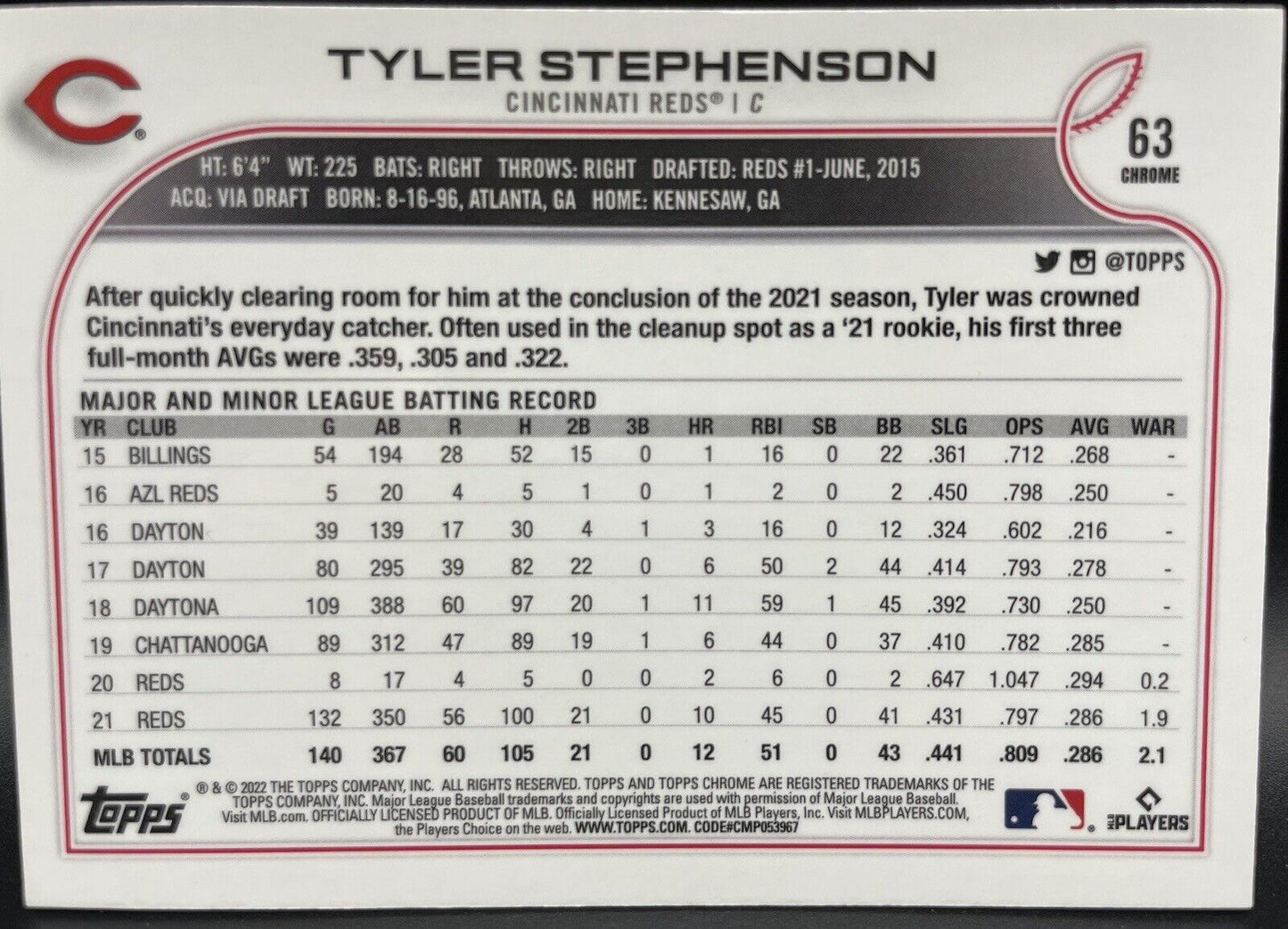 2022 Topps Chrome - #63 Tyler Stephenson