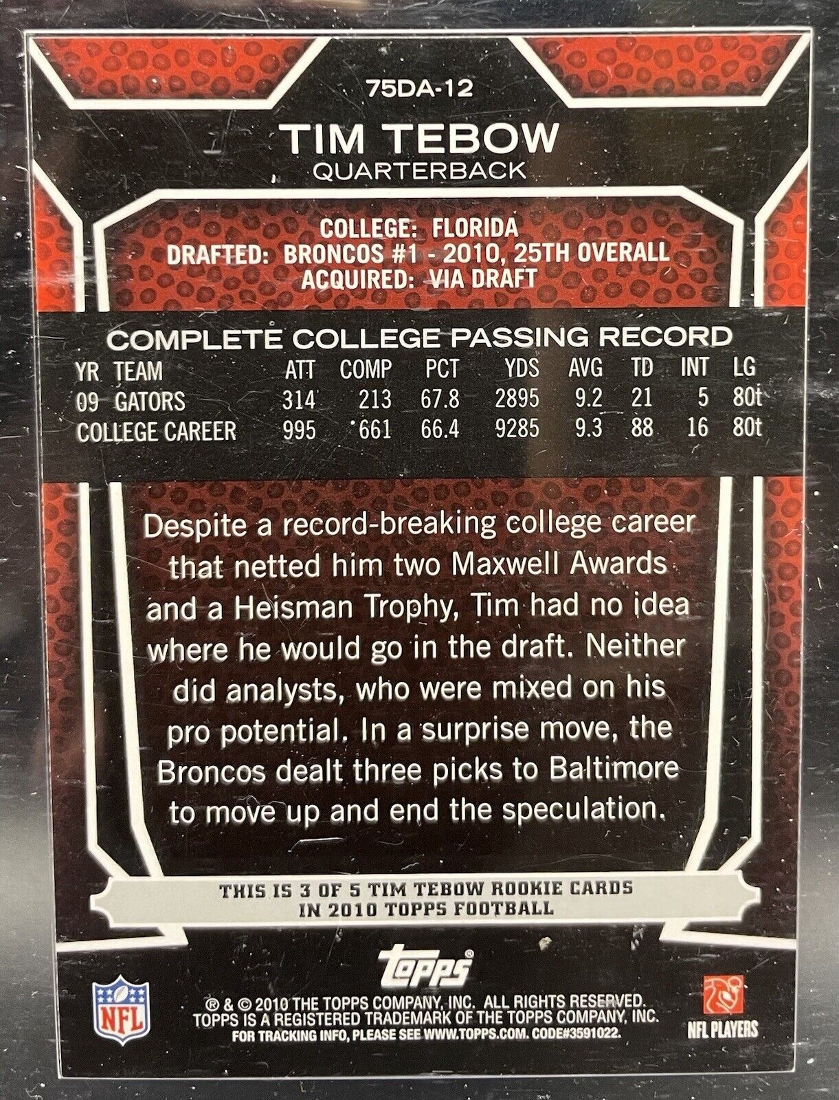 Tim Tebow 2010 Topps 75th Draft #75DA-12 Denver Broncos first Round #25 