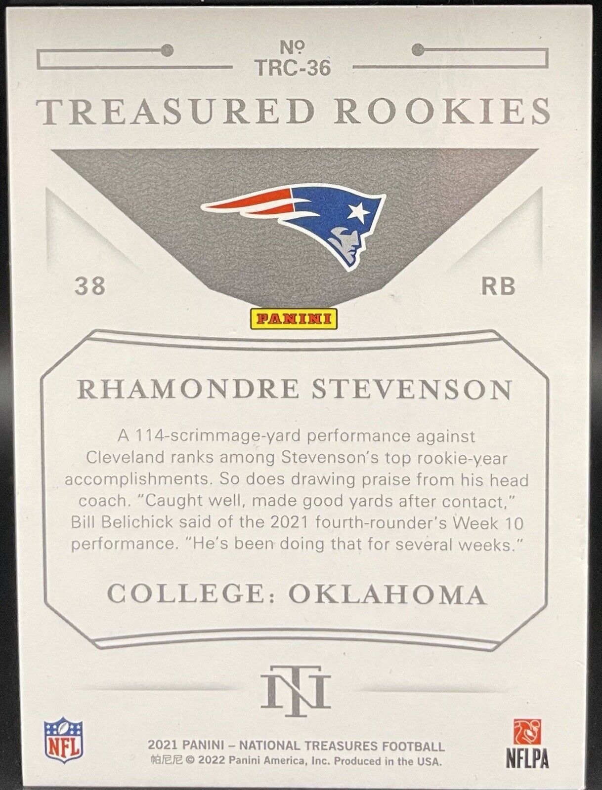 Rhamondre Stevenson 2021 Panini National Treasures #TRC-36 RC, 83/99 New England