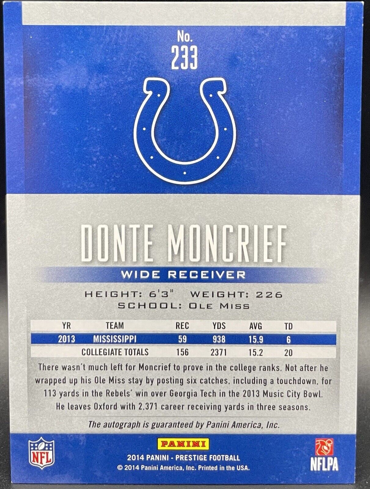 Donte Moncrief 2014 Panini Prestige Rookie Auto Gold Signatures #233 /50