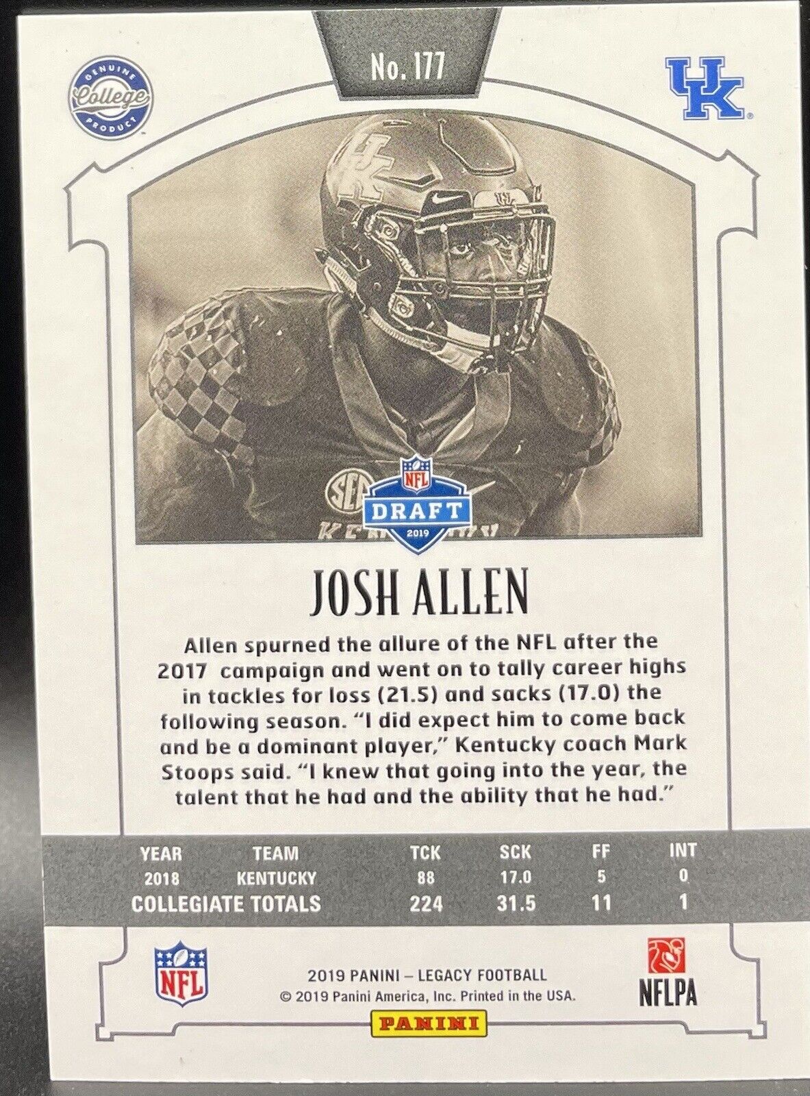 Josh Allen 2019 Panini Legacy Football - PREMIUM #177 RC - Jacksonville Jaguars