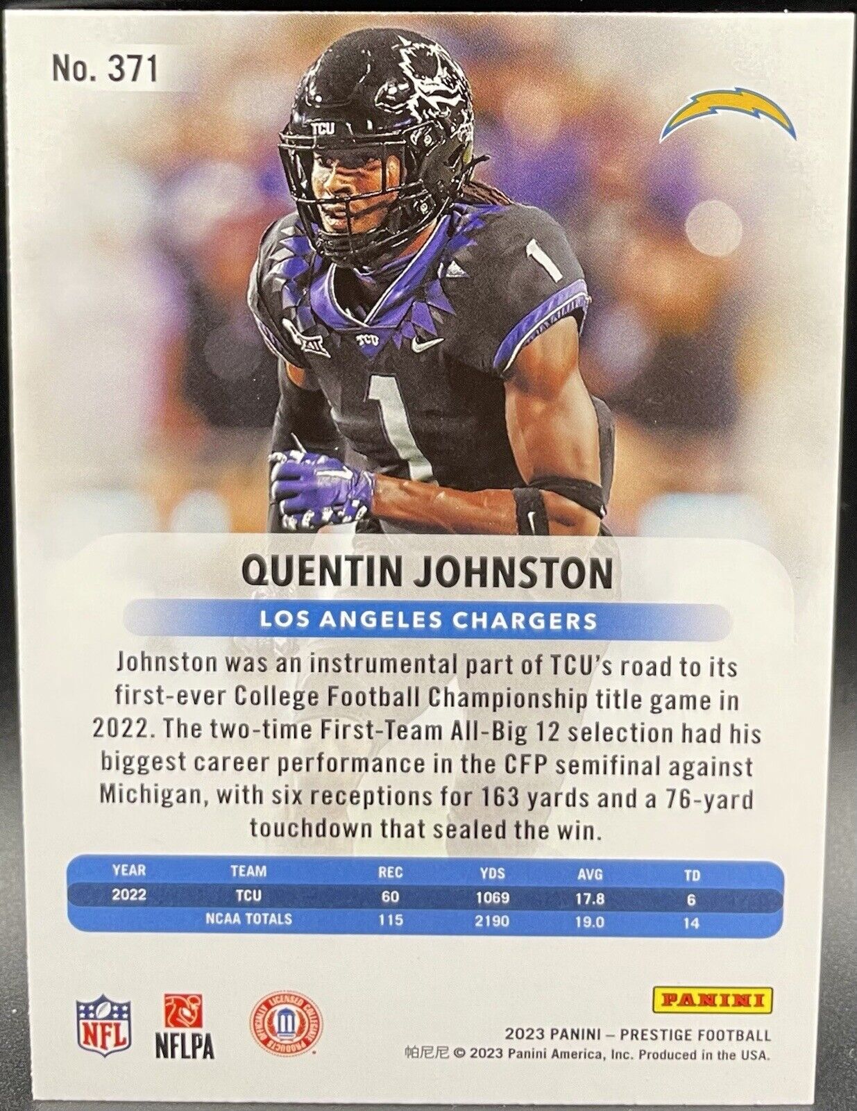 Quentin Johnston Rookie Card 2023 Panini Prestige Gold Diamond Xtra Points #371