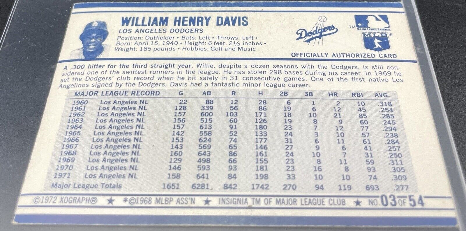 William Davis 1972 XOGRAPH #03-54 Los Angeles Dodgers 