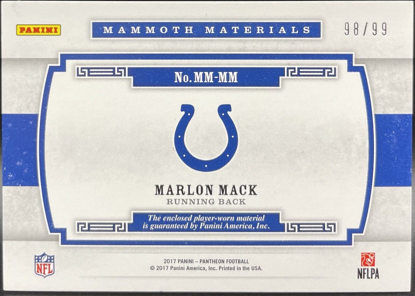 Marlon Mack 2017 Panini Pantheon #MM-MM Large PATCH,  98/99  Indianapolis Colts