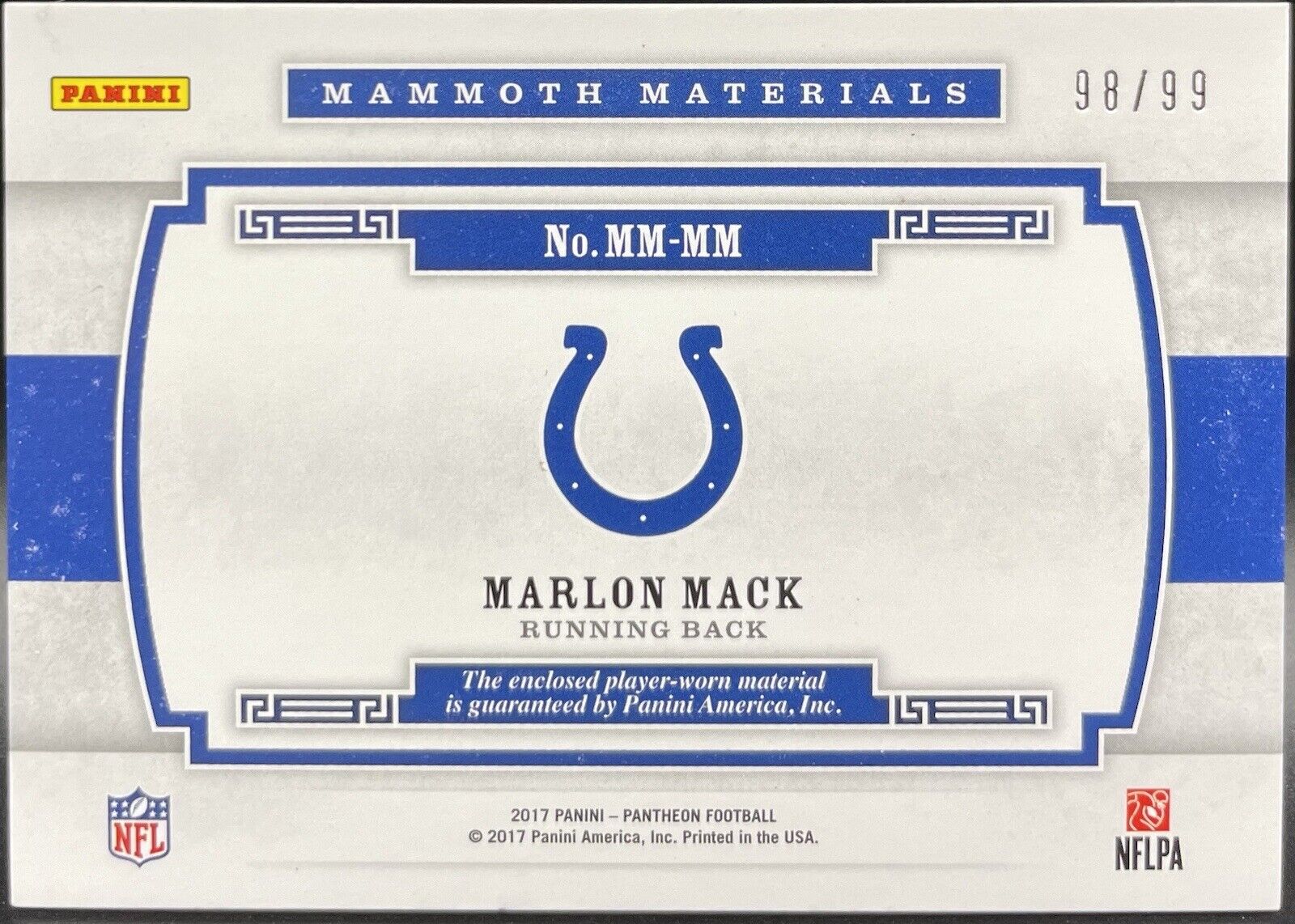 Marlon Mack 2017 Panini Pantheon #MM-MM Large PATCH,  98/99  Indianapolis Colts