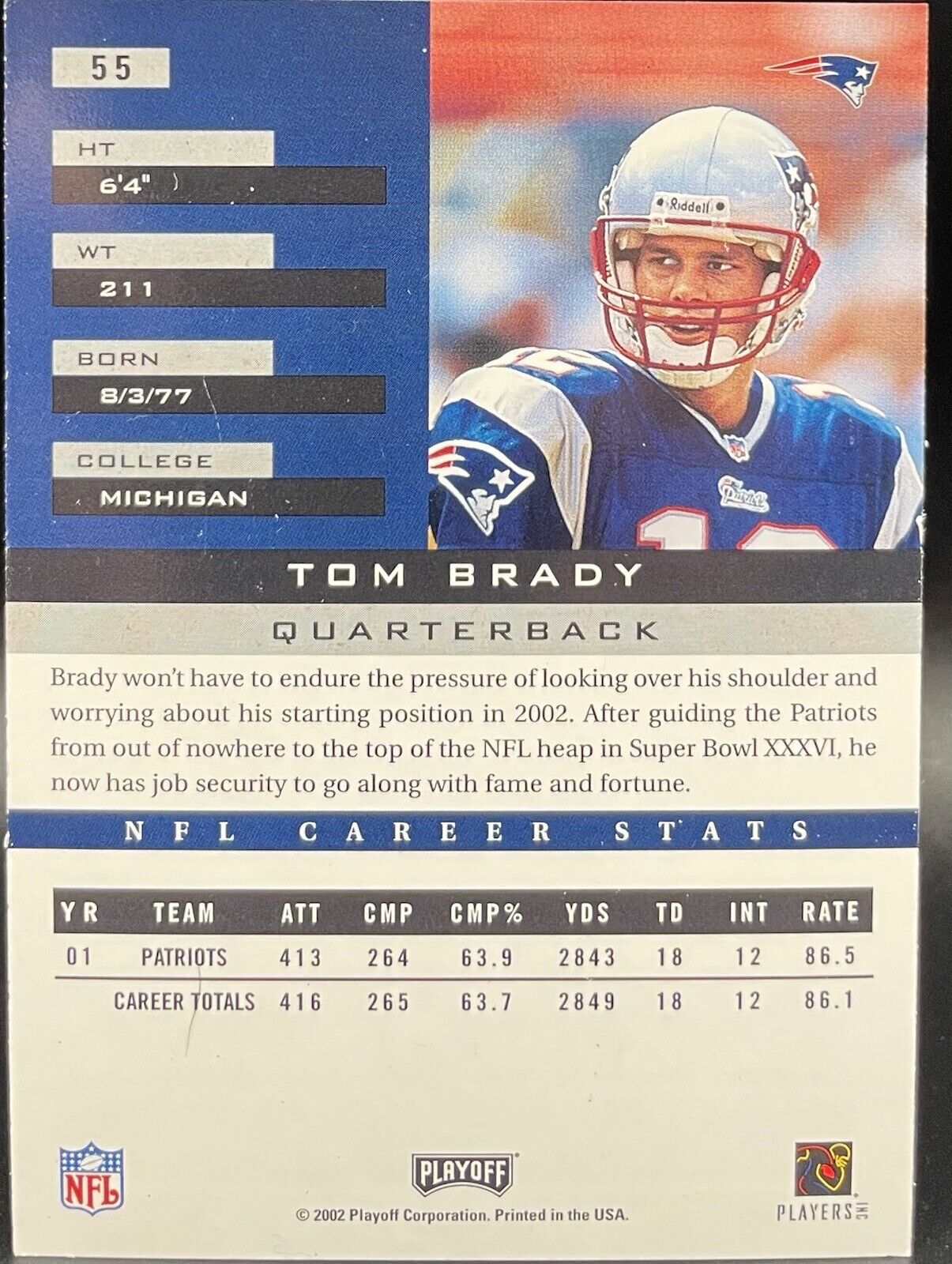 Tom Brady 2002 Panini Playoff Honors #55 New England Patriots