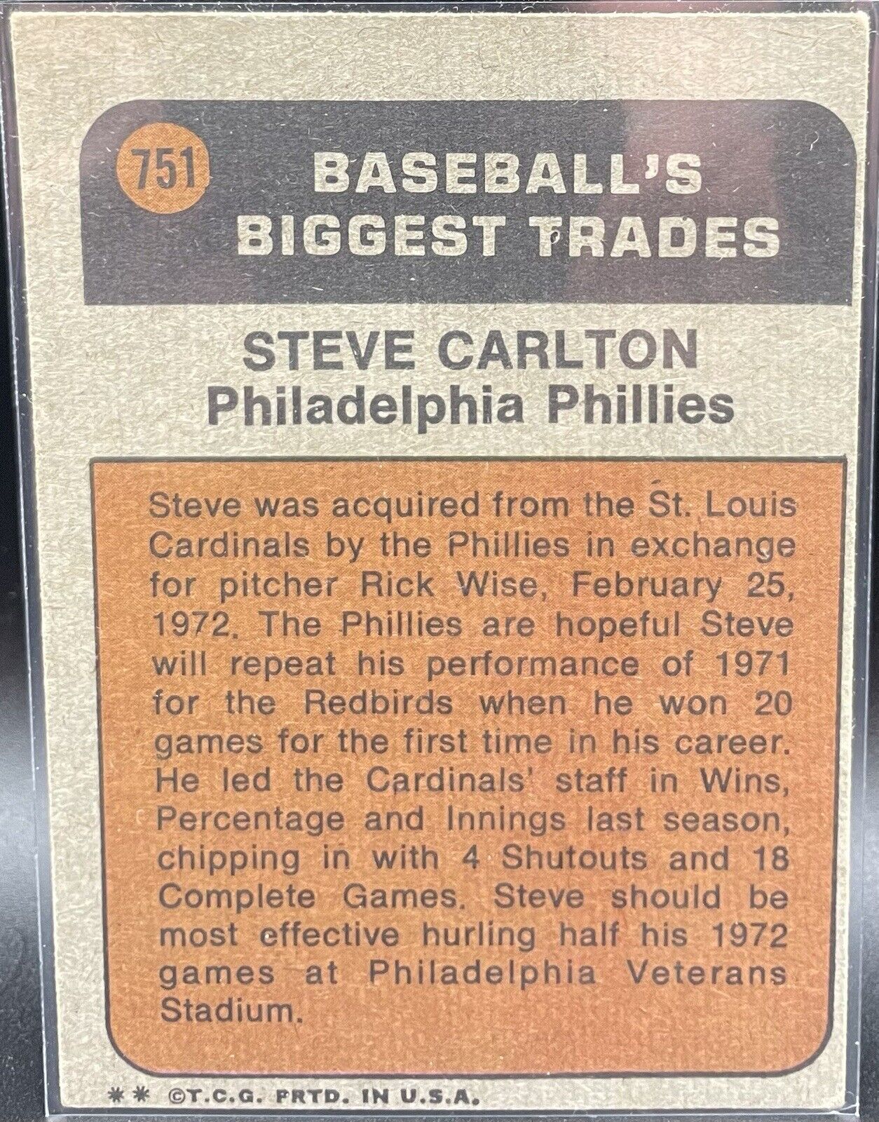 Steve Carlton 1972 Topps #751 Traded St. Louis Cardinals HOF