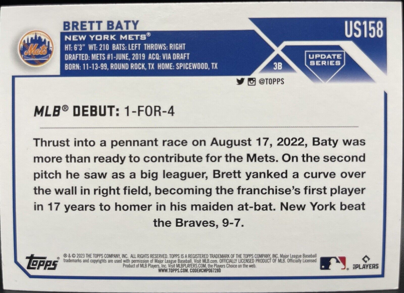 Brett Baty 2023 Topps #US158 Chrome RC New York Mets