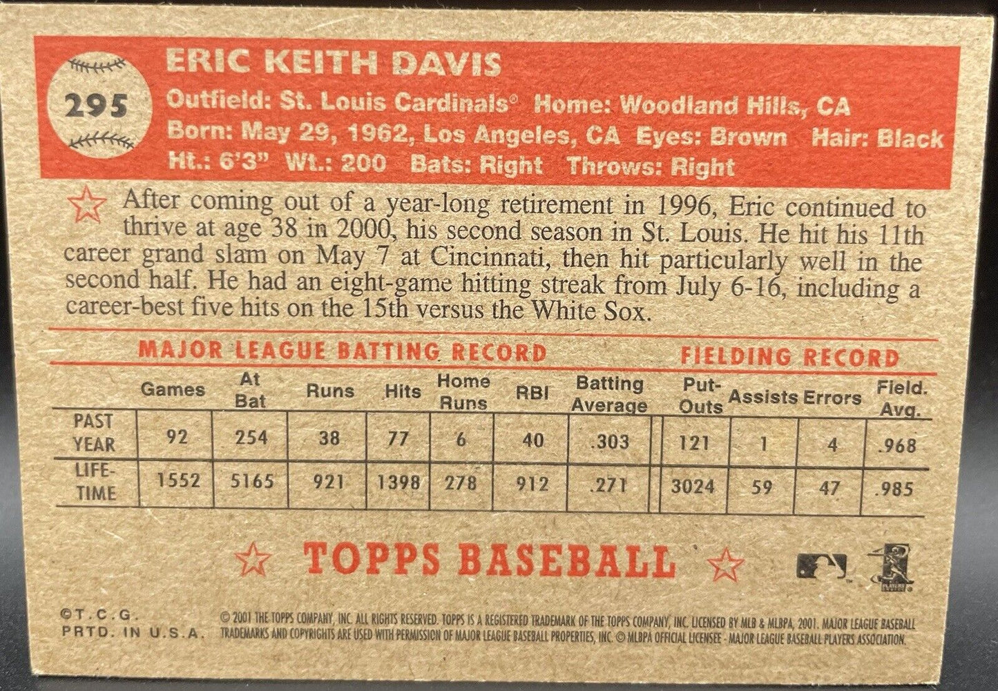 Eric Davis 2001 Topps Retro #295 Louisville Cardinals