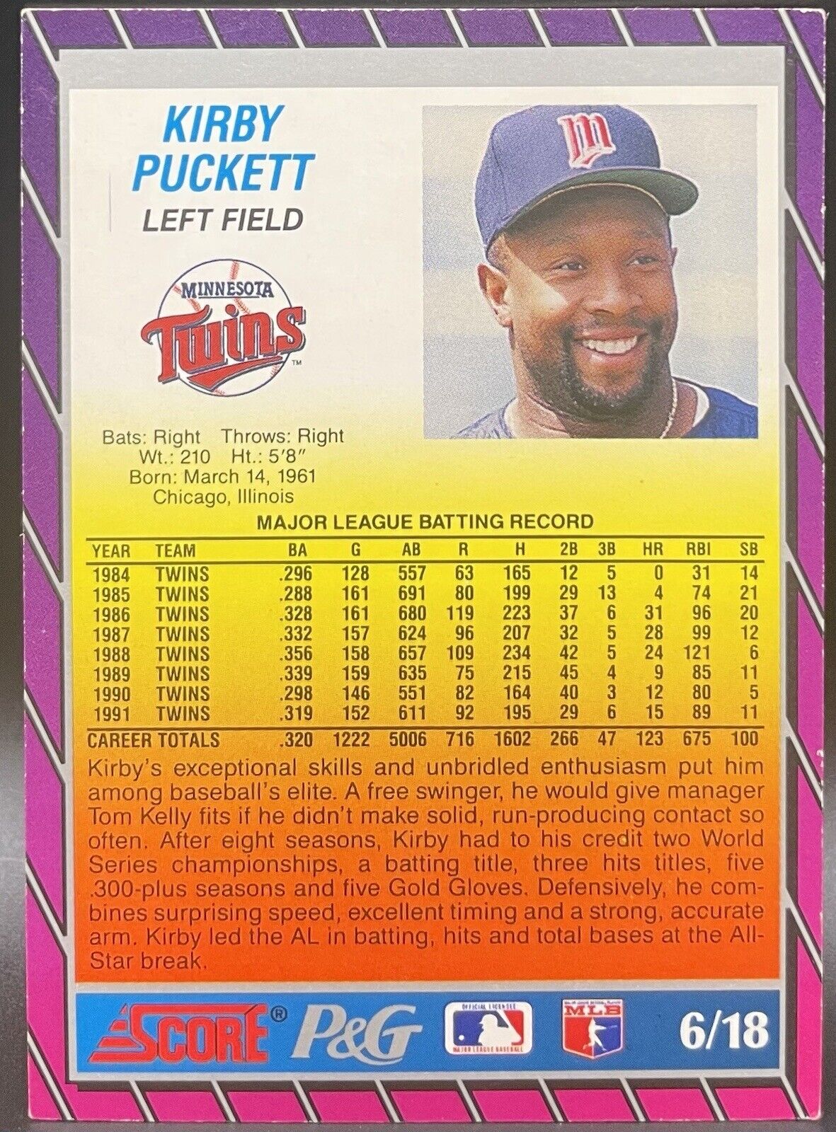 Kirby Puckett 1991 Score 1992 All-Star Game #6/18 Minnesota Twins