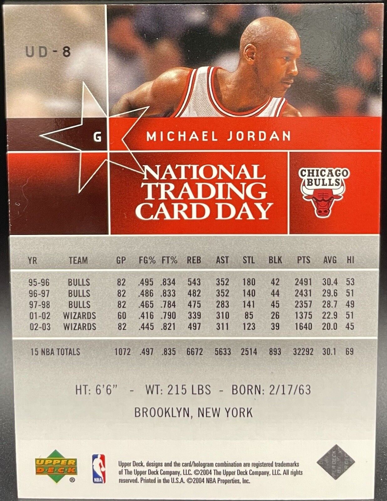 2004 UPPER DECK MICHAEL JORDAN NATIONAL TRADING CARD DAY #UD-8 CHICAGO BULLS HOF