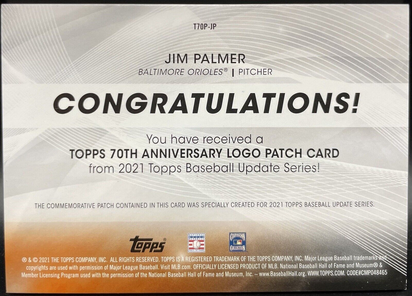 Jim Palmer 2021 Topps 70th Anniversary Logo Patch Card #T70P-JP