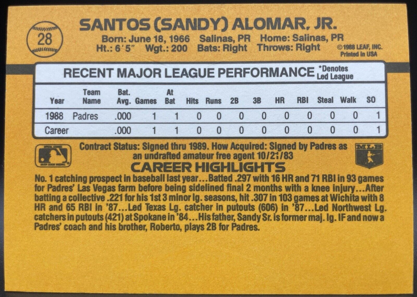 1989 Donruss - Rated Rookie *Denotes  Next to PERFORMANCE #28 Sandy Alomar...