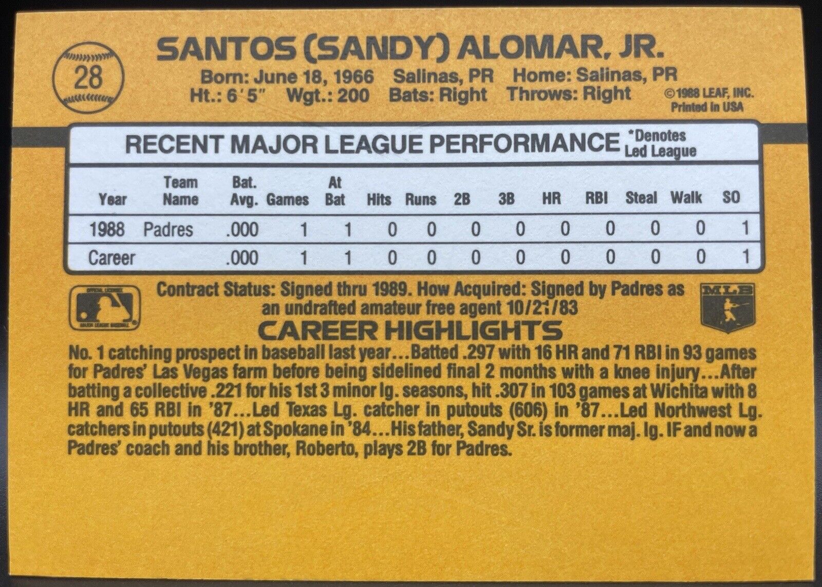 1989 Donruss - Rated Rookie *Denotes  Next to PERFORMANCE #28 Sandy Alomar...