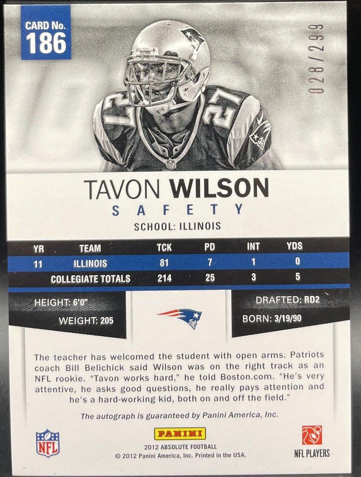 Tavon Wilson 2012 Panini absolute #186 RC / Auto / 299 Spectrum New England...