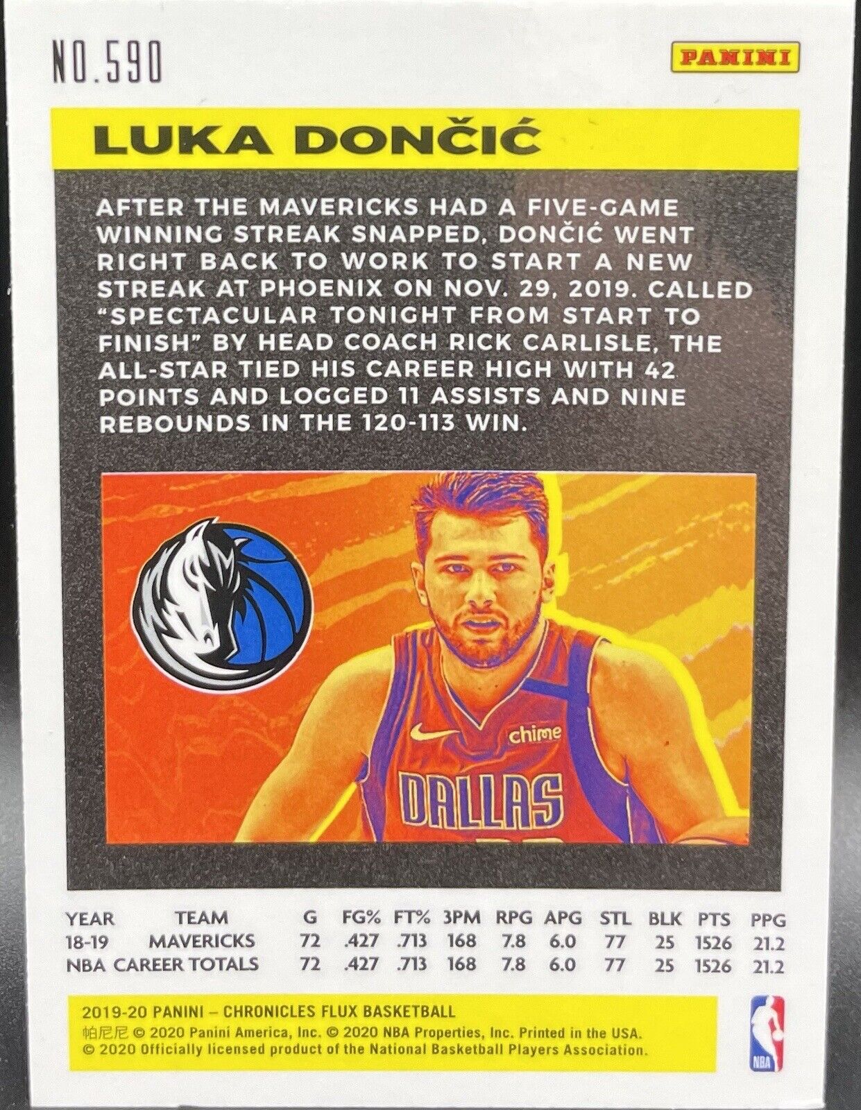 2019 Panini Chronicles Luka Doncic #590  Flux Chrome 2nd Year Dallas Mavericks