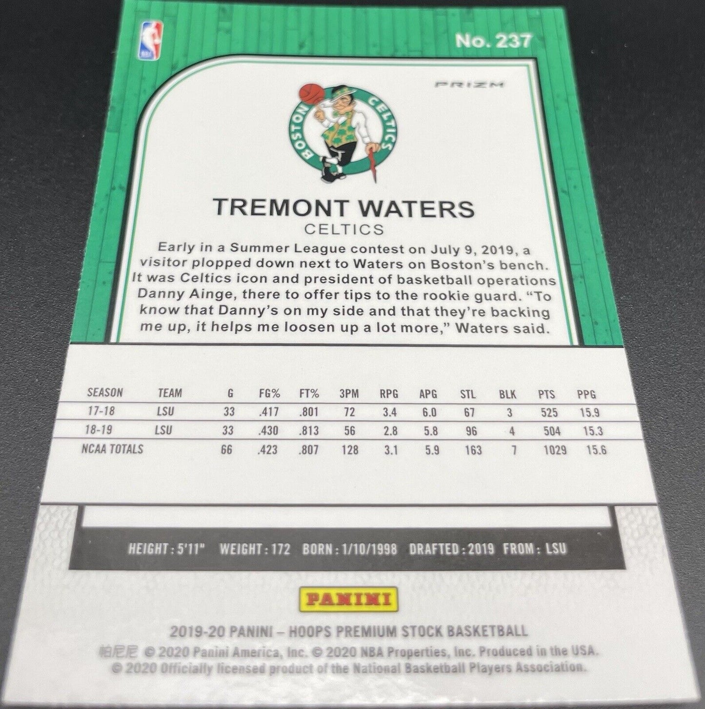 NBA Tremont Waters 2019-20 NBA Hoops Premium Stock Lazer Prizm RC #237
