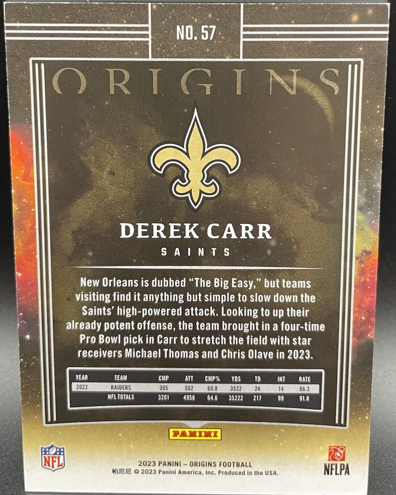 2023 Panini Origins DEREK CARR # 57 New Orleans Saints RARE 88/149 🔥🏈🔥