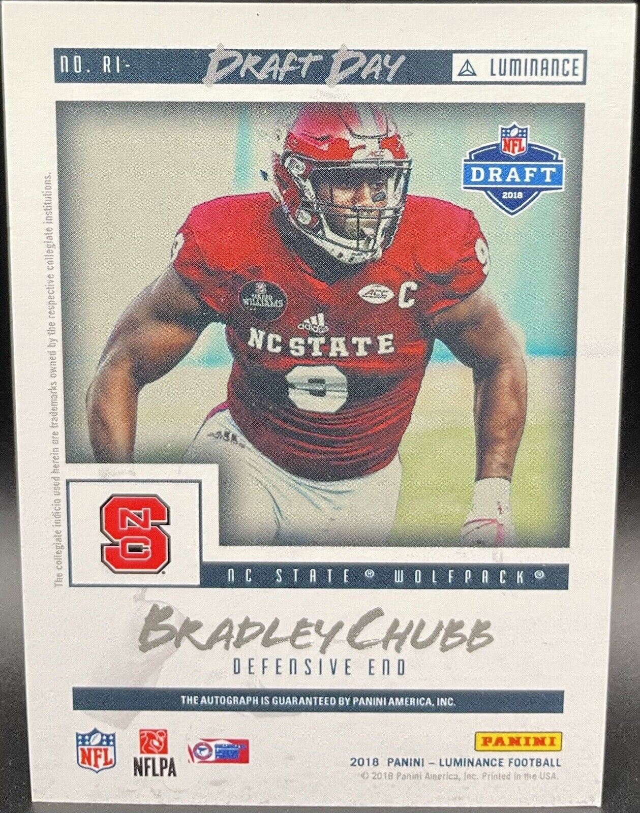 2018 Panini Luminance - Draft Day Signatures Silver #RI-17 Bradley Chubb (AU,...