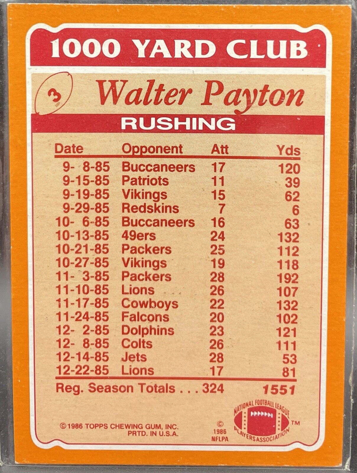 Water Payton 1986 Topps 1000 Yards Rushing #3 Chicago Bears