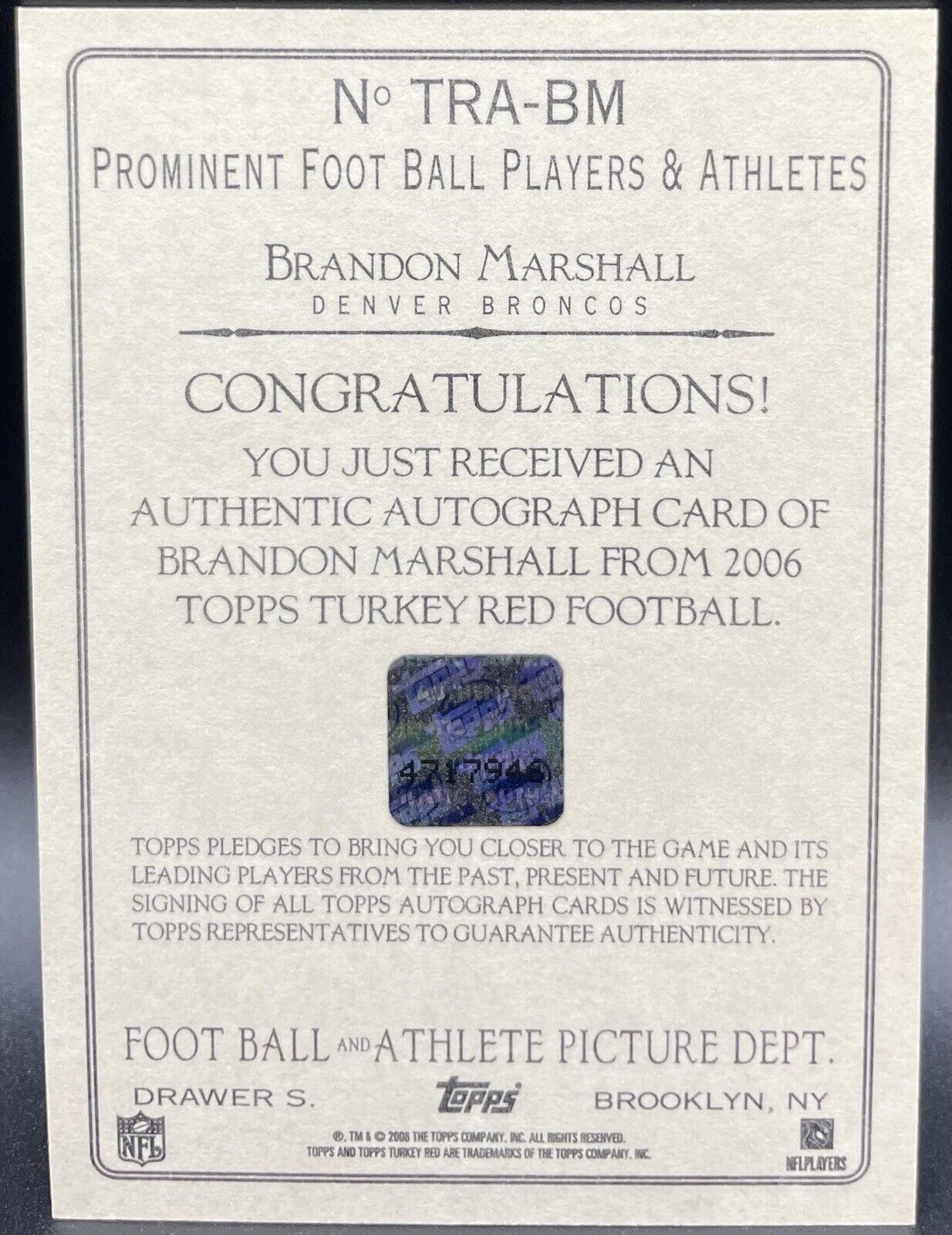 2006 Topps Turkey Red - Autographs #TRA-BM Brandon Marshall (AU, RC)