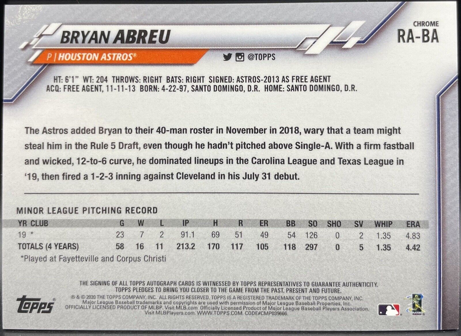 Bryan  Abreu 2020 Topps Chrome #RA-BA Autograph, RC Houston Astros 